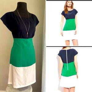 ELIZA J Colorblock Bold Striped Silk Crêpe de Chine Dress Navy Green Size 6